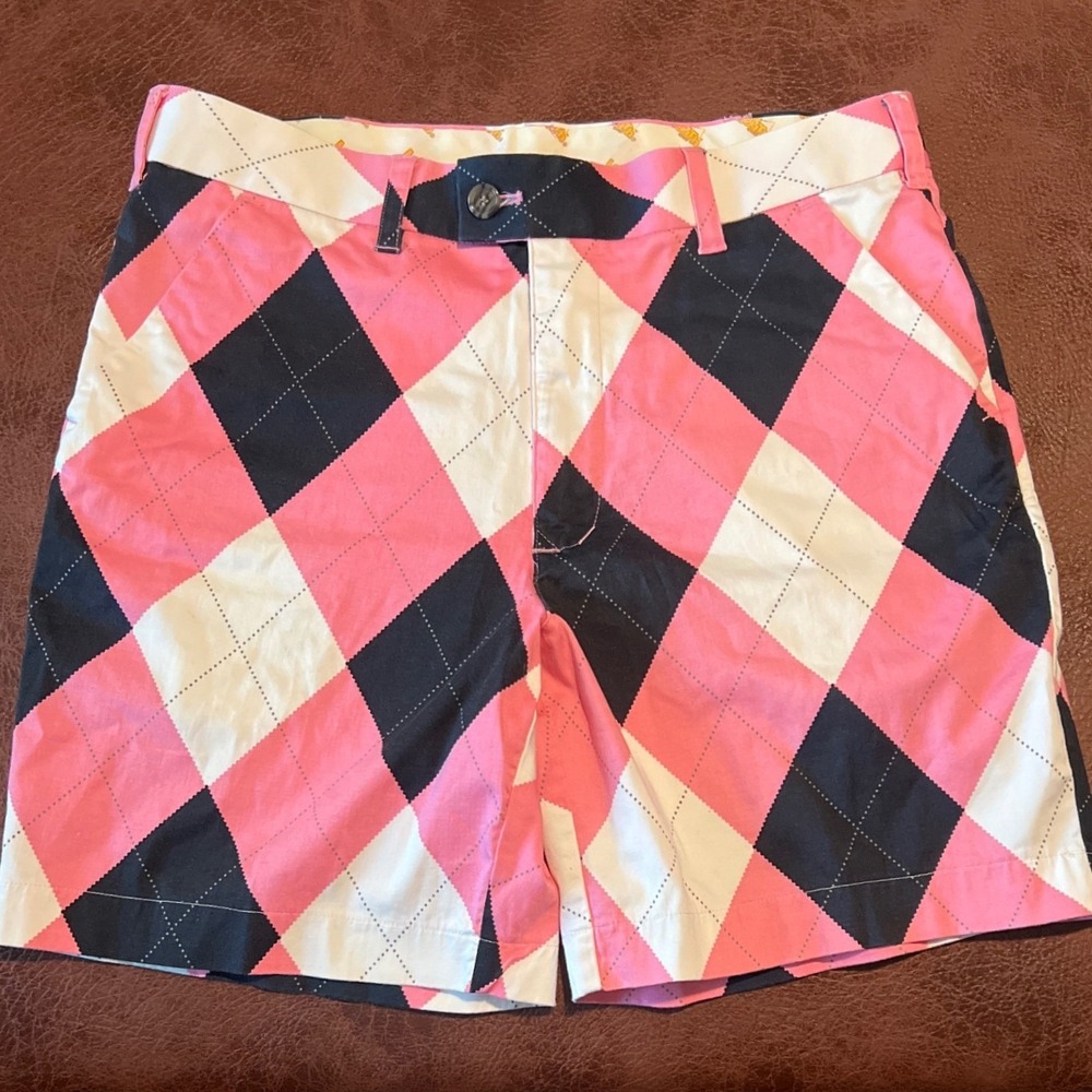 Loudmouth Golf Mens Argyle Shorts Pink Black White Cotton Blend Size 34